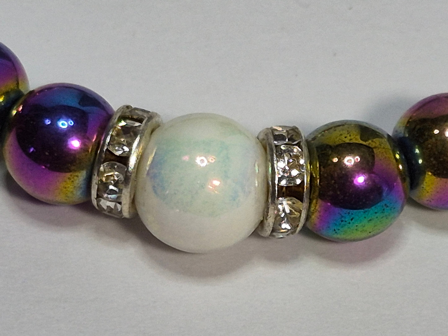 Rainbow Hematite & Opal Glass Pearl Stretch Bracelet – Crystal Rhinestone Rondelle Spacers, Handmade Gemstone Bracelet