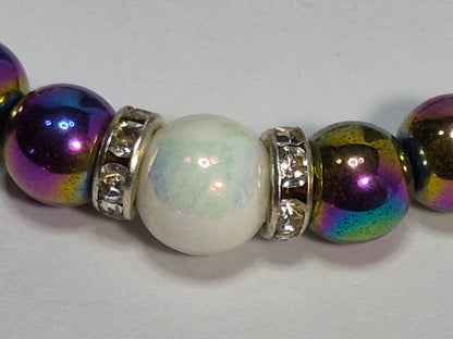 Rainbow Hematite & Opal Glass Pearl Stretch Bracelet – Crystal Rhinestone Rondelle Spacers, Handmade Gemstone Bracelet