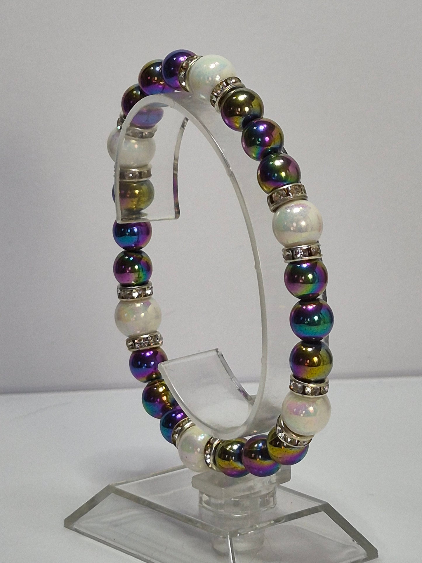 Rainbow Hematite & Opal Glass Pearl Stretch Bracelet – Crystal Rhinestone Rondelle Spacers, Handmade Gemstone Bracelet