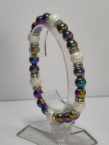 Rainbow Hematite & Opal Glass Pearl Stretch Bracelet – Crystal Rhinestone Rondelle Spacers, Handmade Gemstone Bracelet