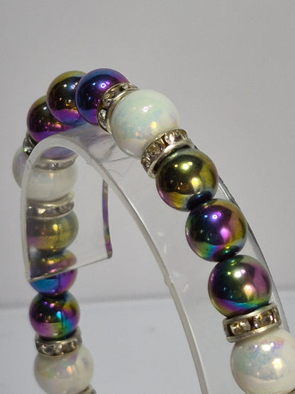 Rainbow Hematite & Opal Glass Pearl Stretch Bracelet – Crystal Rhinestone Rondelle Spacers, Handmade Gemstone Bracelet