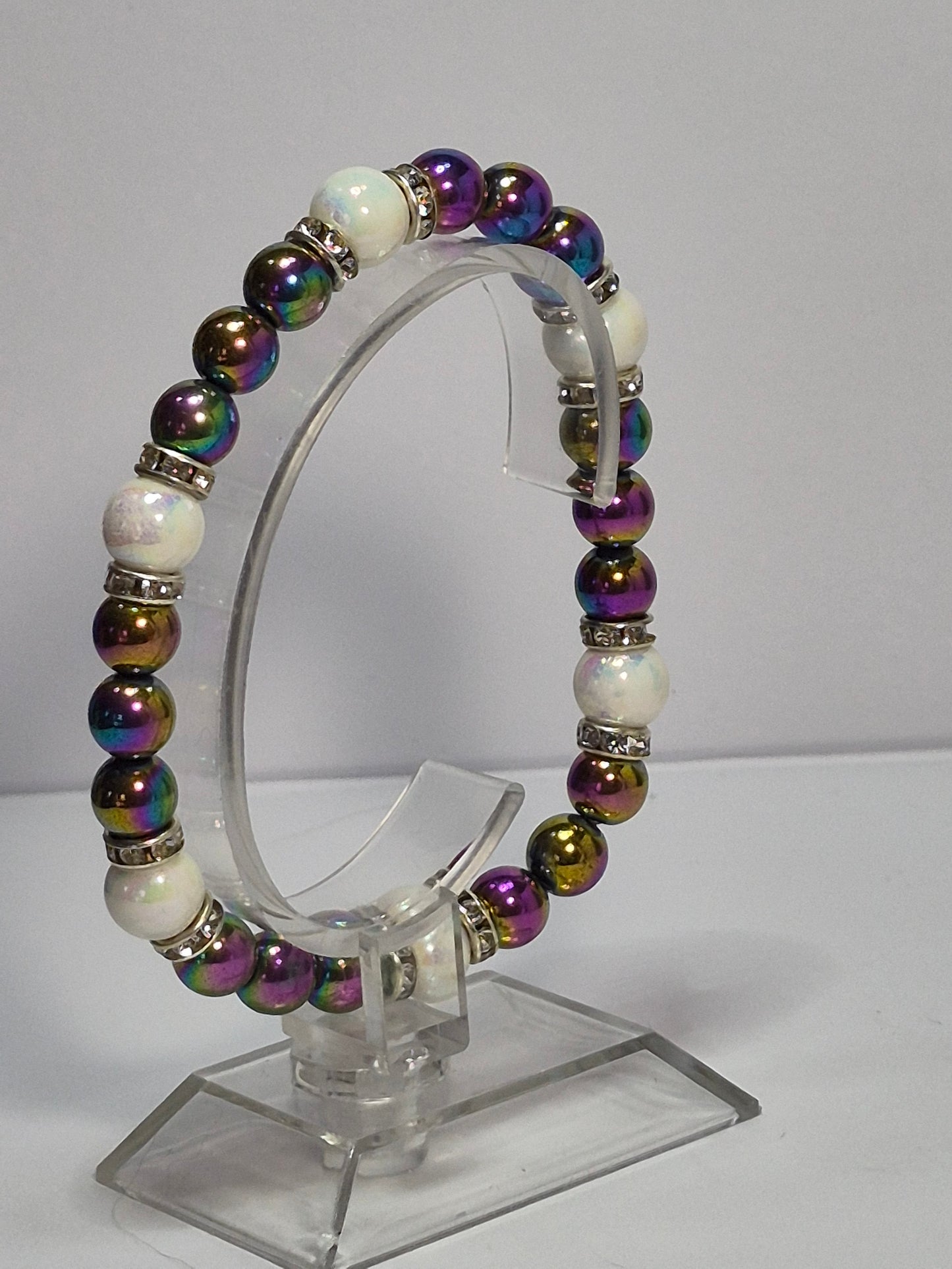 Rainbow Hematite & Opal Glass Pearl Stretch Bracelet – Crystal Rhinestone Rondelle Spacers, Handmade Gemstone Bracelet