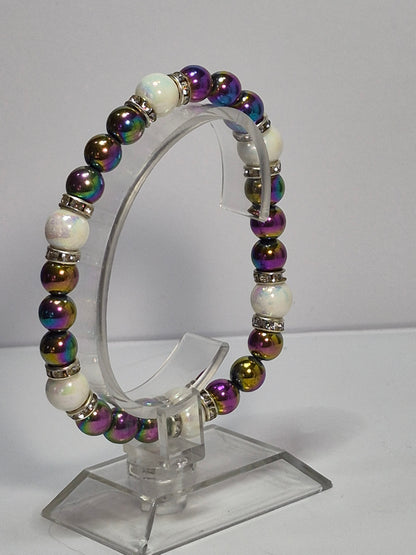Rainbow Hematite & Opal Glass Pearl Stretch Bracelet – Crystal Rhinestone Rondelle Spacers, Handmade Gemstone Bracelet