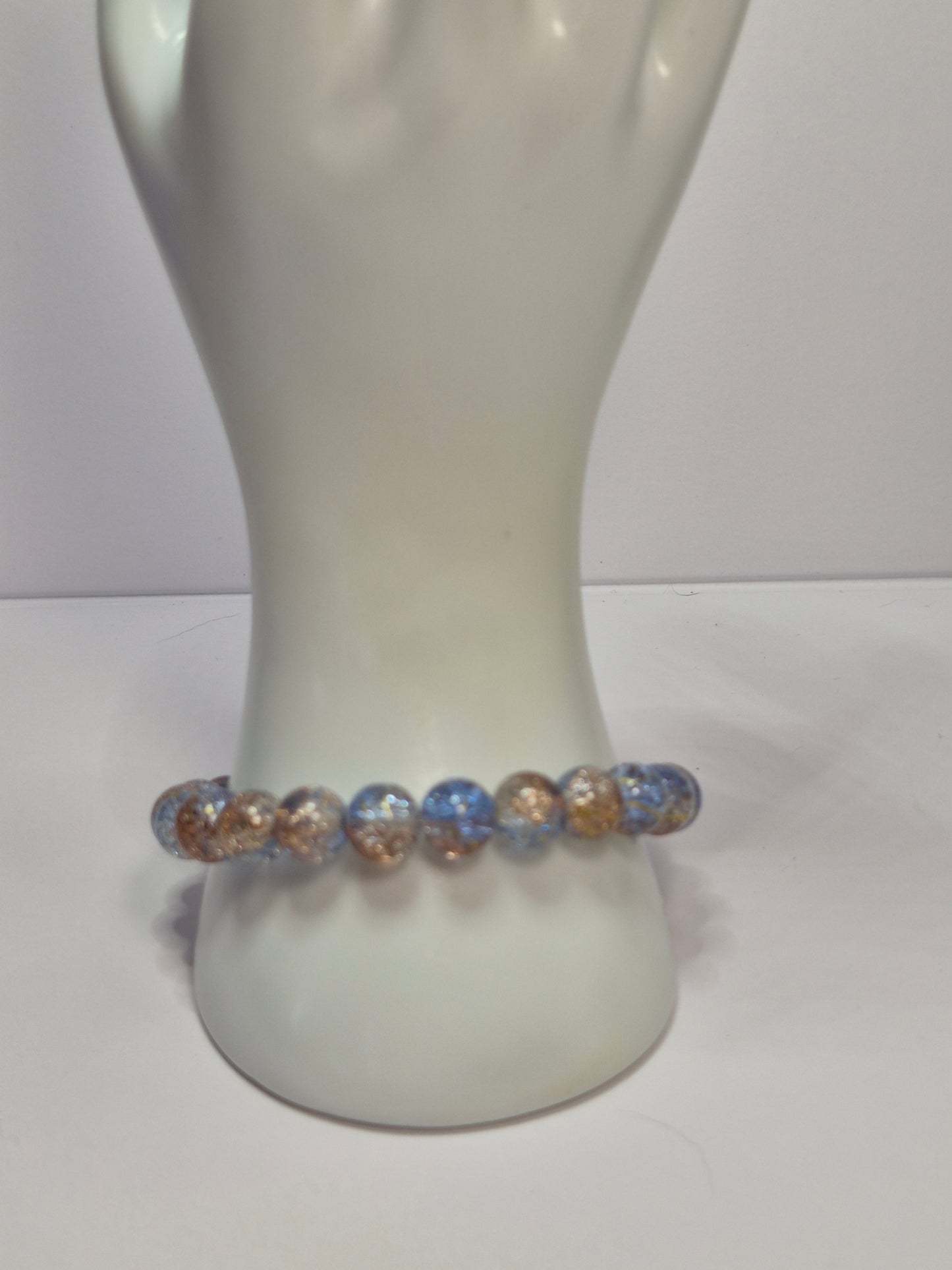 Blue & Bronze Crackle Glass Stretch Bracelet – Gold Foil Accent Beads, Handmade Artisan Bracelet
