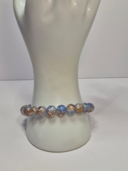 Blue & Bronze Crackle Glass Stretch Bracelet – Gold Foil Accent Beads, Handmade Artisan Bracelet