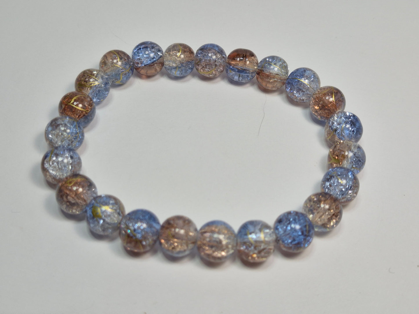 Blue & Bronze Crackle Glass Stretch Bracelet – Gold Foil Accent Beads, Handmade Artisan Bracelet