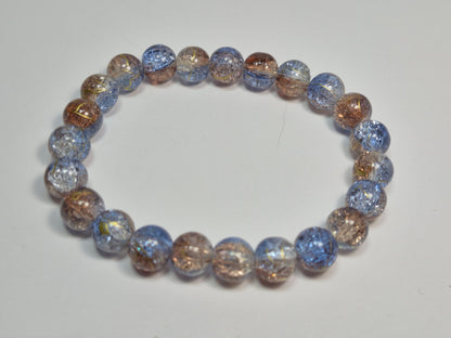 Blue & Bronze Crackle Glass Stretch Bracelet – Gold Foil Accent Beads, Handmade Artisan Bracelet