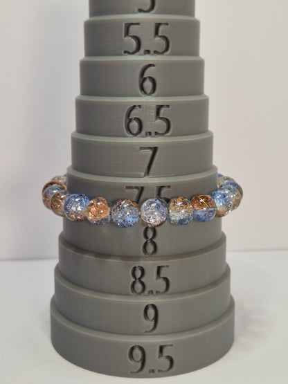 Blue & Bronze Crackle Glass Stretch Bracelet – Gold Foil Accent Beads, Handmade Artisan Bracelet