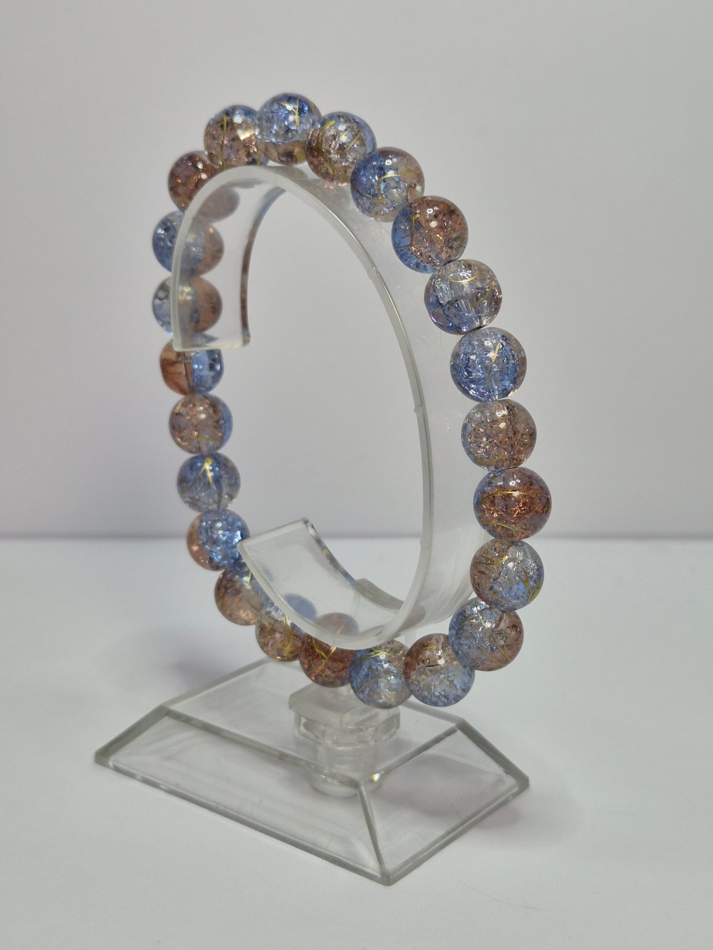 Blue & Bronze Crackle Glass Stretch Bracelet – Gold Foil Accent Beads, Handmade Artisan Bracelet