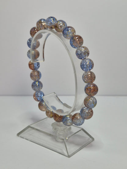 Blue & Bronze Crackle Glass Stretch Bracelet – Gold Foil Accent Beads, Handmade Artisan Bracelet