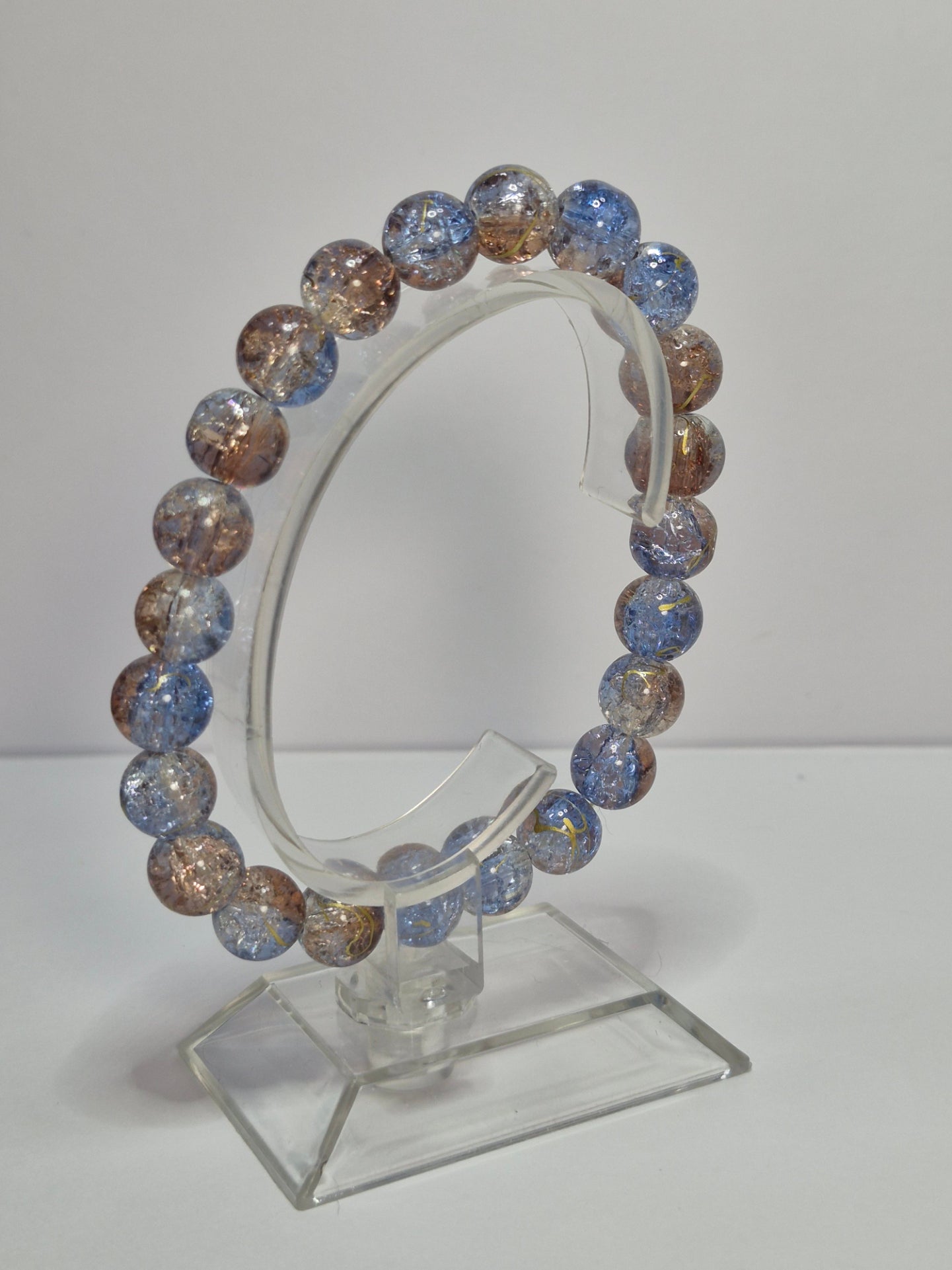 Blue & Bronze Crackle Glass Stretch Bracelet – Gold Foil Accent Beads, Handmade Artisan Bracelet