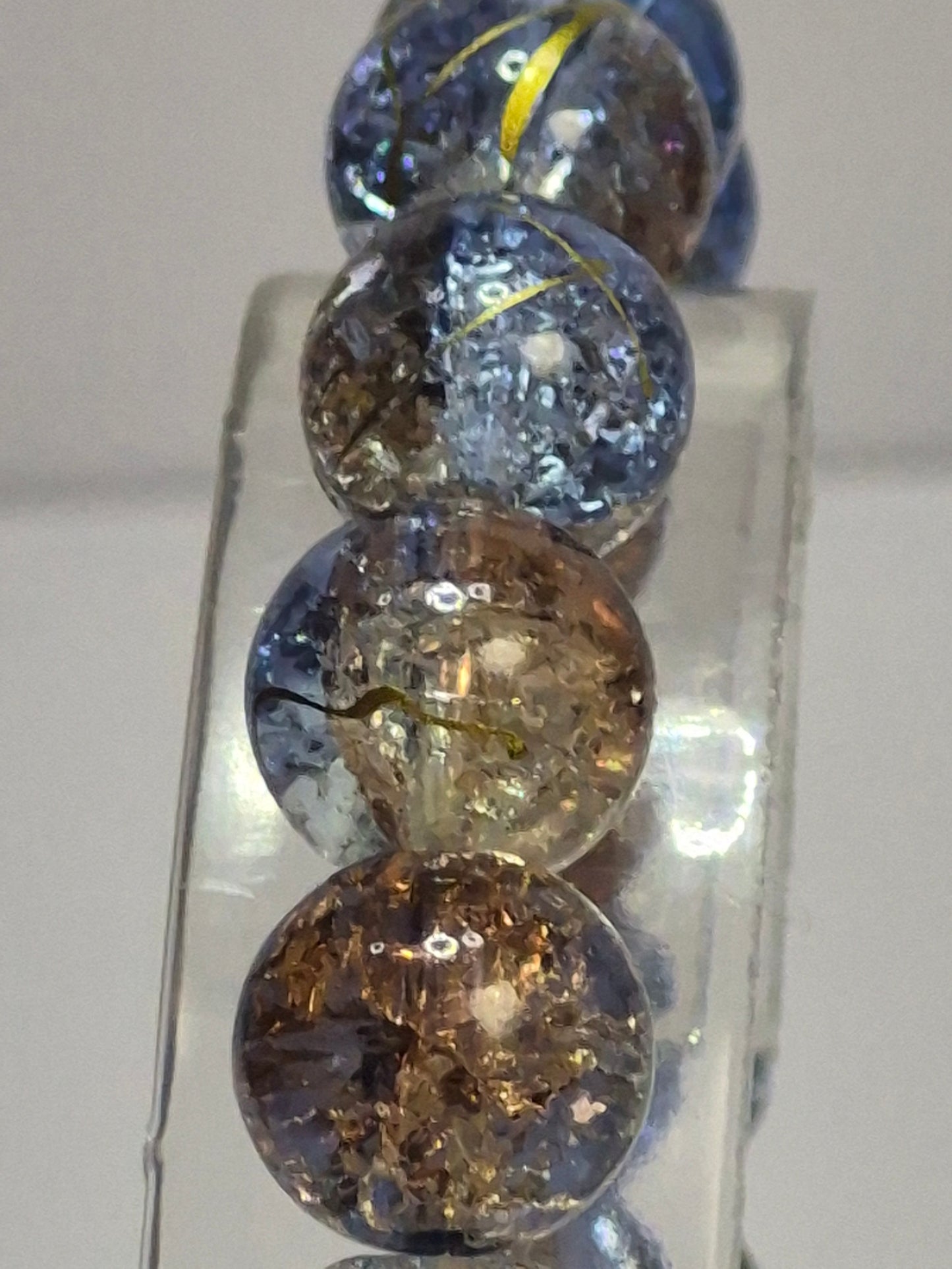Blue & Bronze Crackle Glass Stretch Bracelet – Gold Foil Accent Beads, Handmade Artisan Bracelet