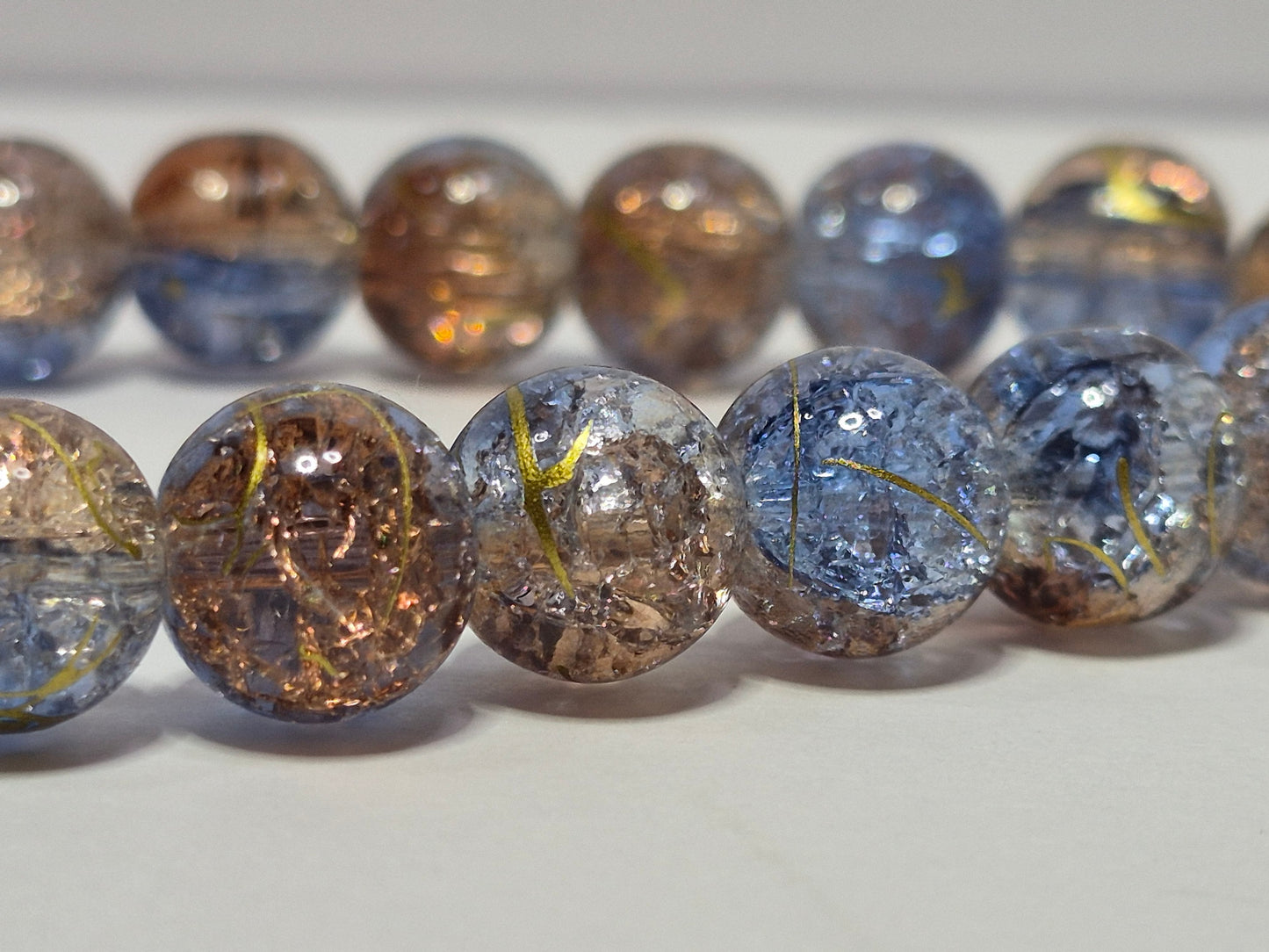 Blue & Bronze Crackle Glass Stretch Bracelet – Gold Foil Accent Beads, Handmade Artisan Bracelet