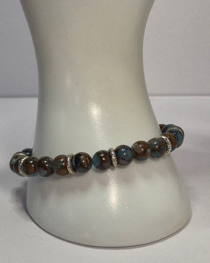 Aqua Terra Jasper Stretch Bracelet – 8mm Gemstone Beads with Silver Filigree Rondelle Spacers