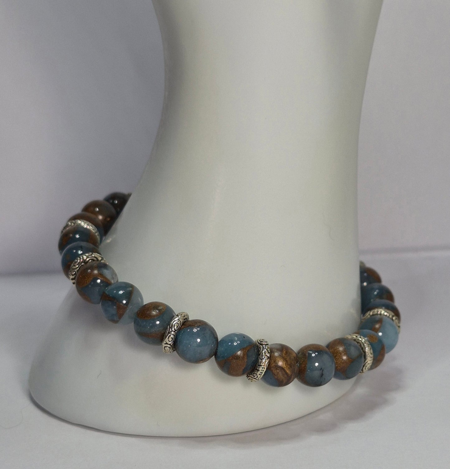 Aqua Terra Jasper Stretch Bracelet – 8mm Gemstone Beads with Silver Filigree Rondelle Spacers