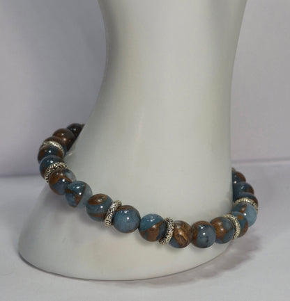 Aqua Terra Jasper Stretch Bracelet – 8mm Gemstone Beads with Silver Filigree Rondelle Spacers