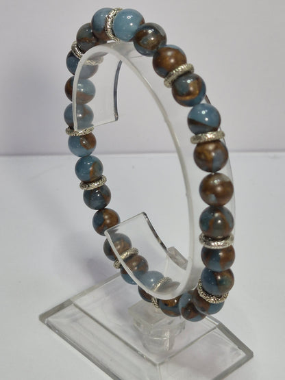 Aqua Terra Jasper Stretch Bracelet – 8mm Gemstone Beads with Silver Filigree Rondelle Spacers