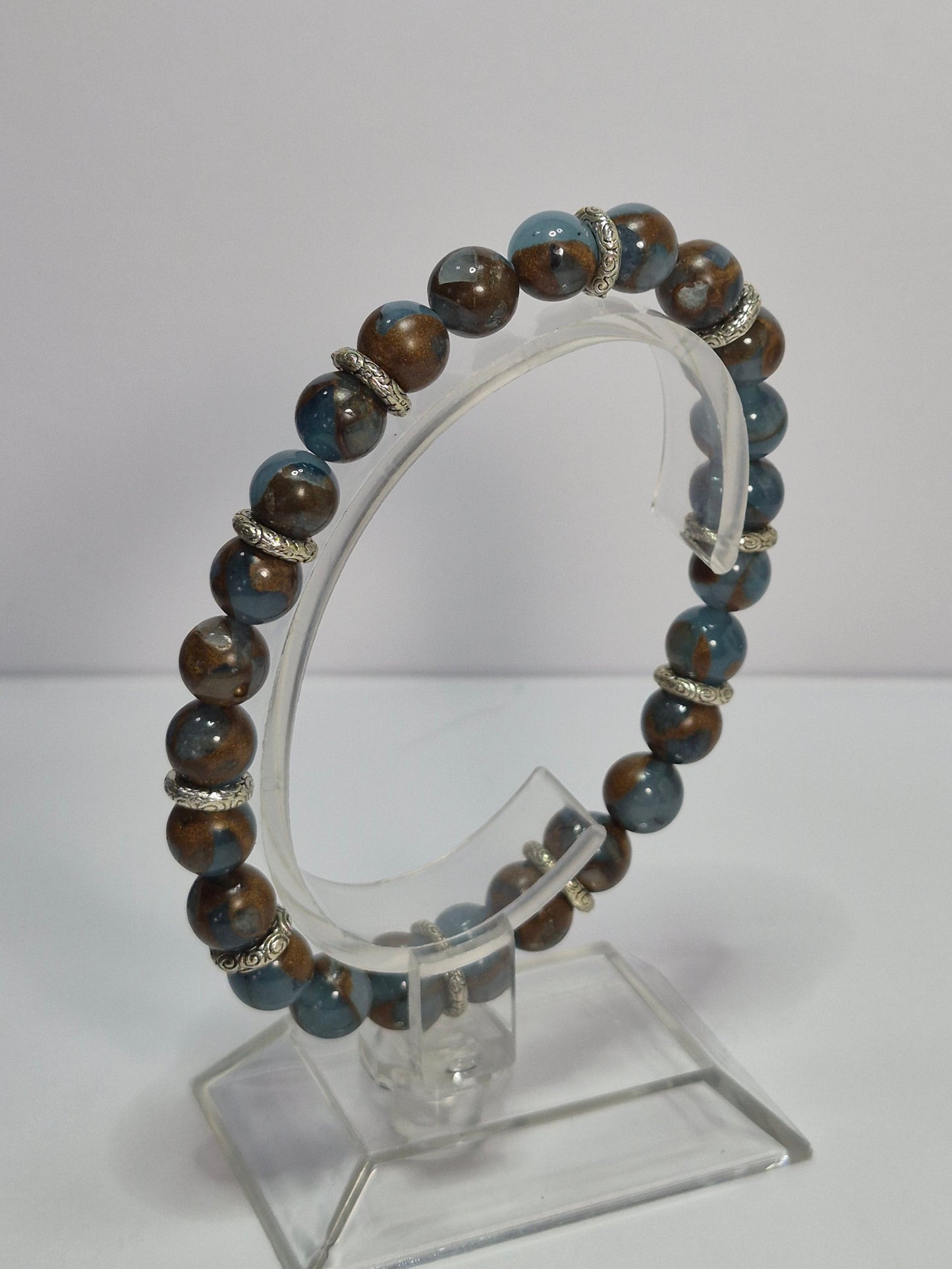 Aqua Terra Jasper Stretch Bracelet – 8mm Gemstone Beads with Silver Filigree Rondelle Spacers