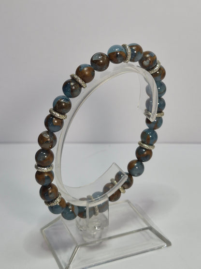 Aqua Terra Jasper Stretch Bracelet – 8mm Gemstone Beads with Silver Filigree Rondelle Spacers