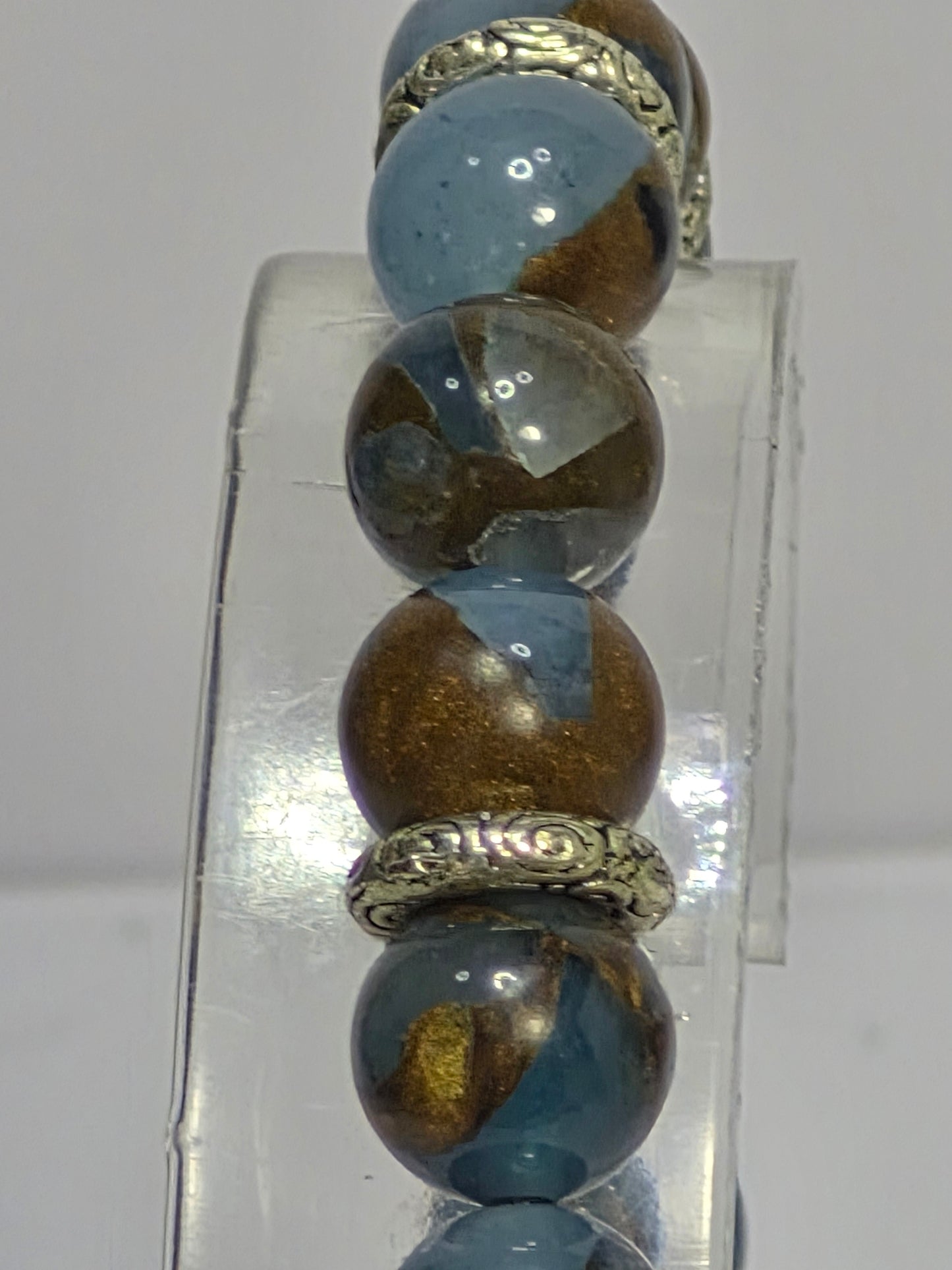 Aqua Terra Jasper Stretch Bracelet – 8mm Gemstone Beads with Silver Filigree Rondelle Spacers