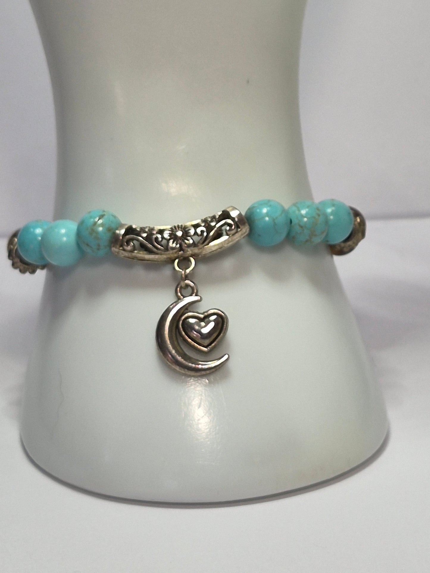 Turquoise, Tiger Eye & Hematite Stretch Bracelet – Silver Moon & Heart Charm, Floral Filigree Tube Bead
