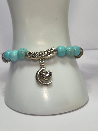 Turquoise, Tiger Eye & Hematite Stretch Bracelet – Silver Moon & Heart Charm, Floral Filigree Tube Bead
