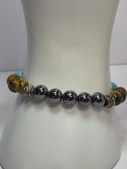 Turquoise, Tiger Eye & Hematite Stretch Bracelet – Silver Moon & Heart Charm, Floral Filigree Tube Bead