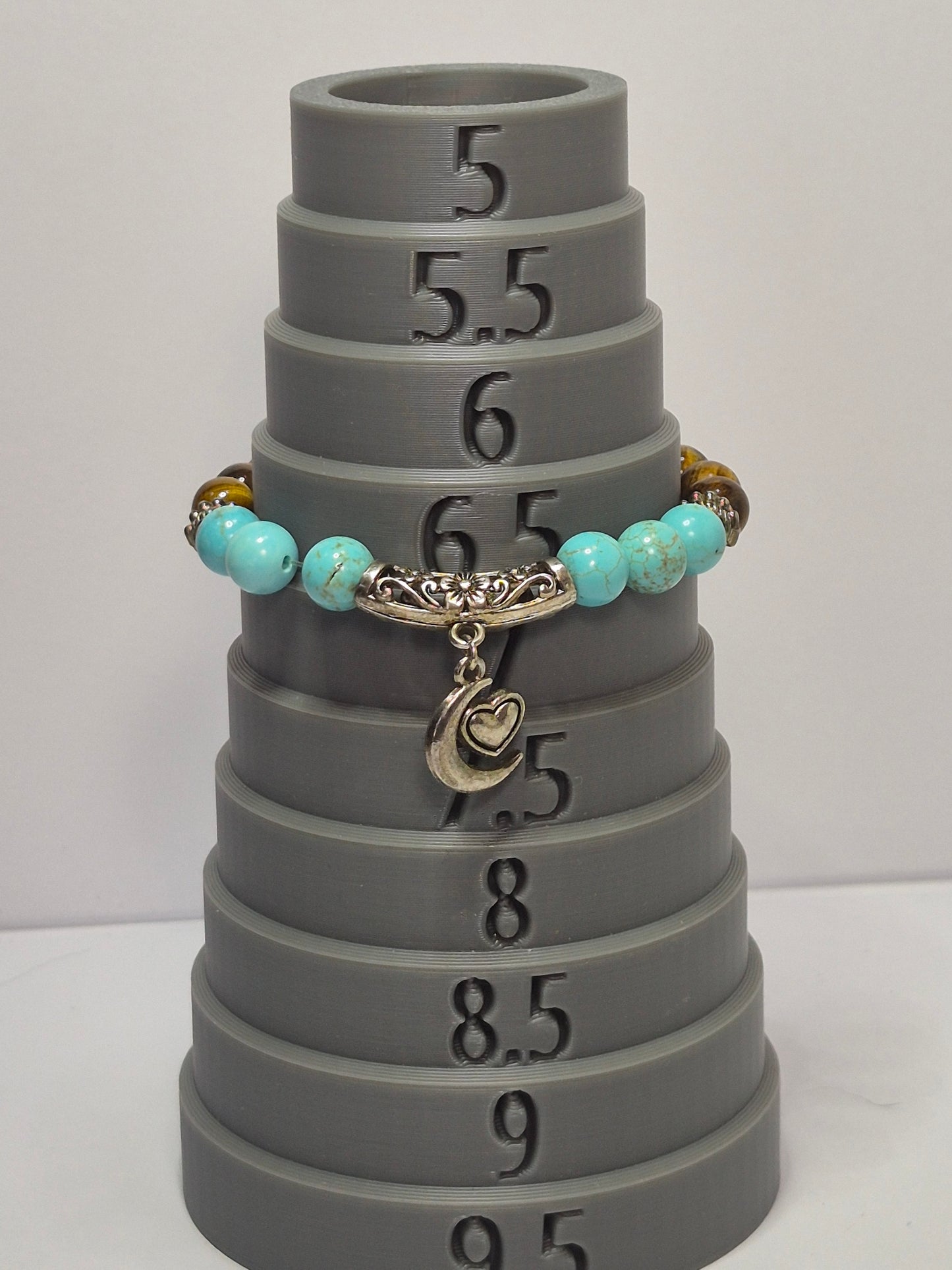 Turquoise, Tiger Eye & Hematite Stretch Bracelet – Silver Moon & Heart Charm, Floral Filigree Tube Bead