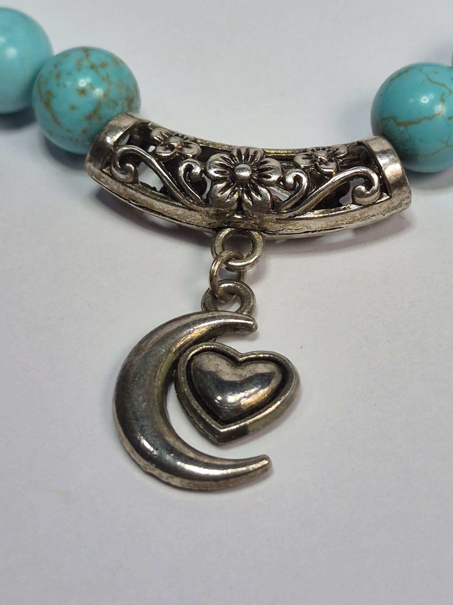 Turquoise, Tiger Eye & Hematite Stretch Bracelet – Silver Moon & Heart Charm, Floral Filigree Tube Bead