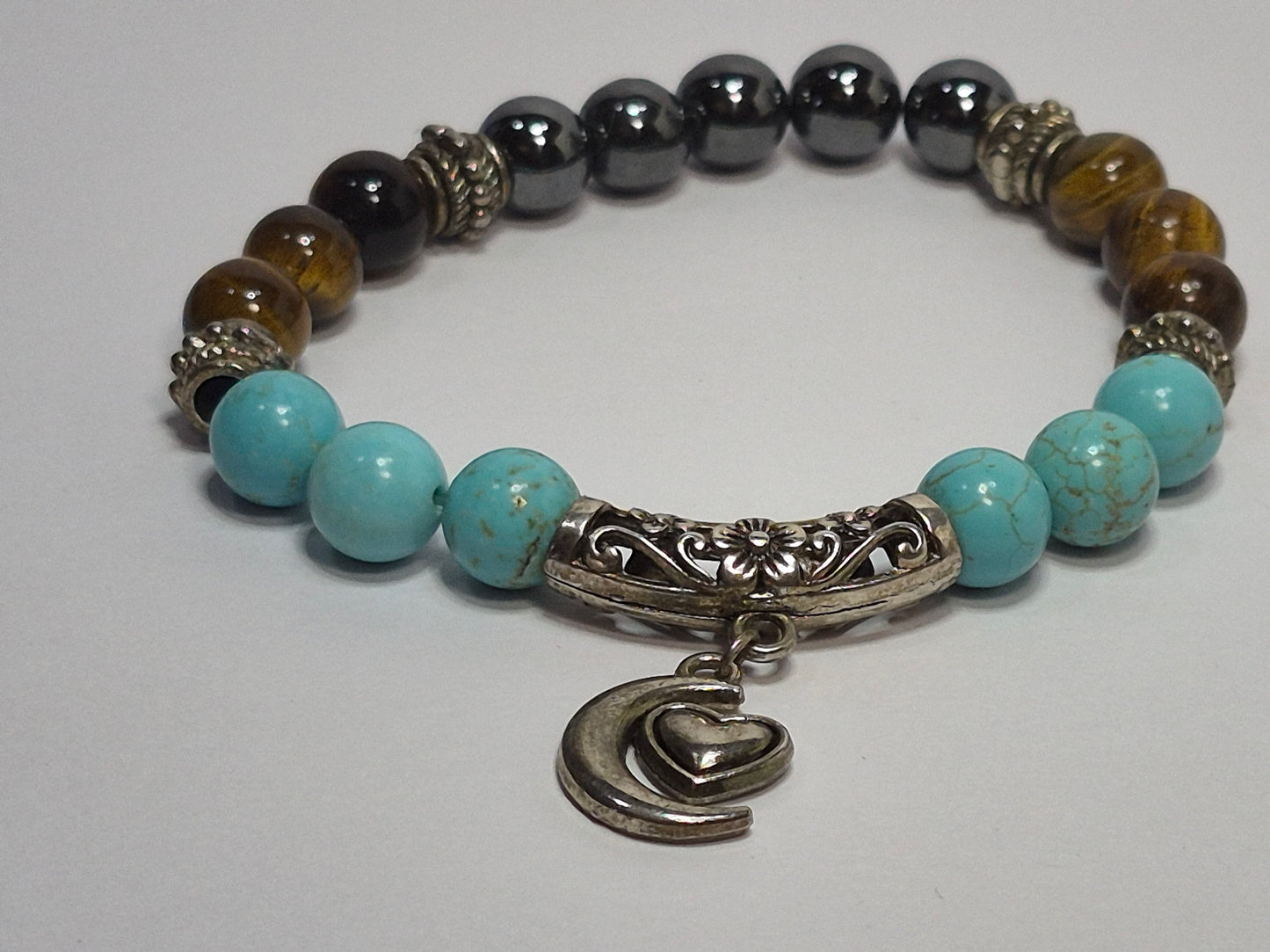 Turquoise, Tiger Eye & Hematite Stretch Bracelet – Silver Moon & Heart Charm, Floral Filigree Tube Bead