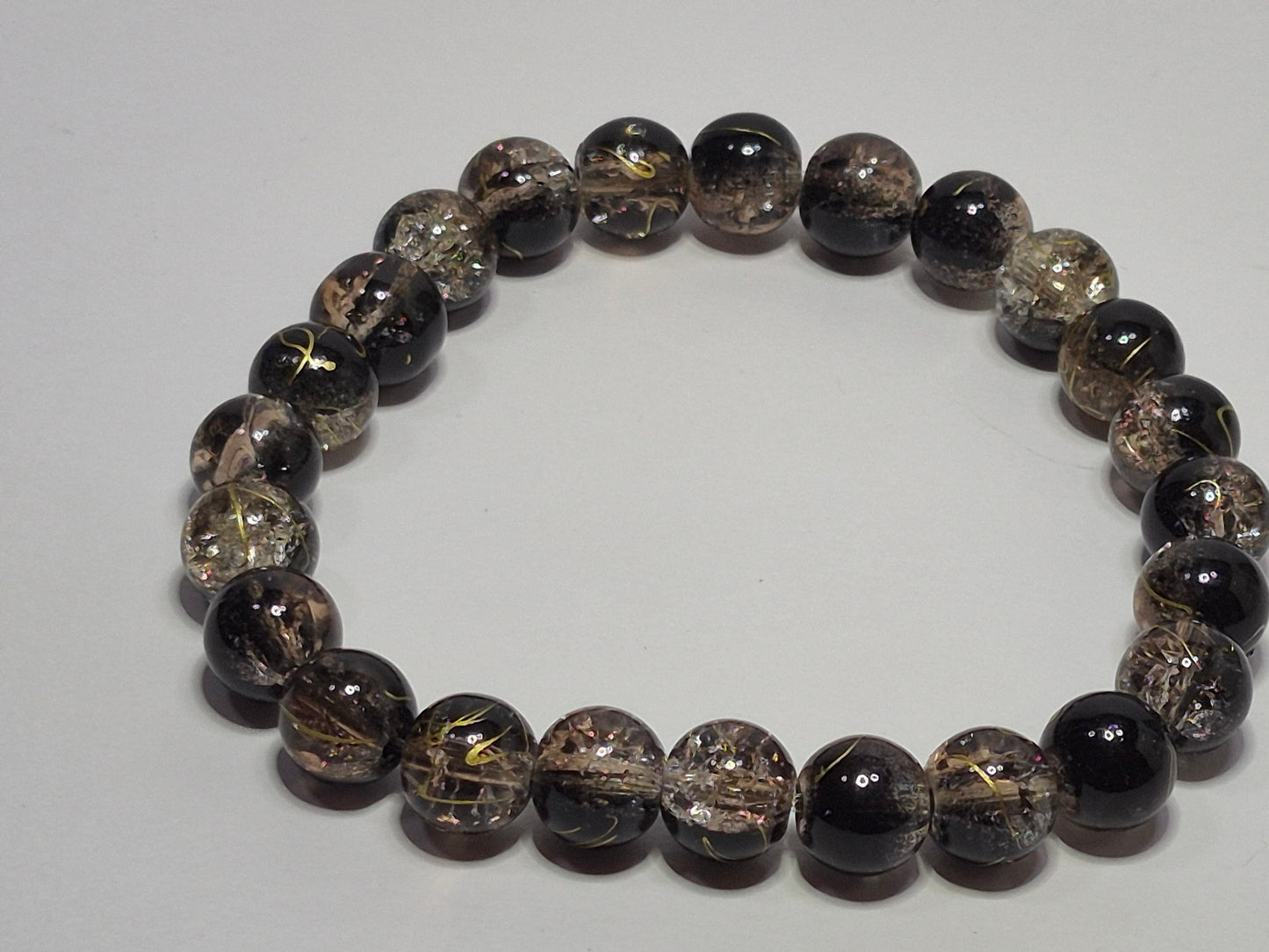 Black & Bronze Crackle Glass Stretch Bracelet – Gold Leaf Accent Beads, Handmade Artisan Bracelet
