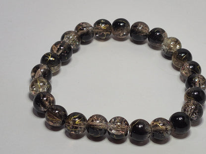 Black & Bronze Crackle Glass Stretch Bracelet – Gold Leaf Accent Beads, Handmade Artisan Bracelet