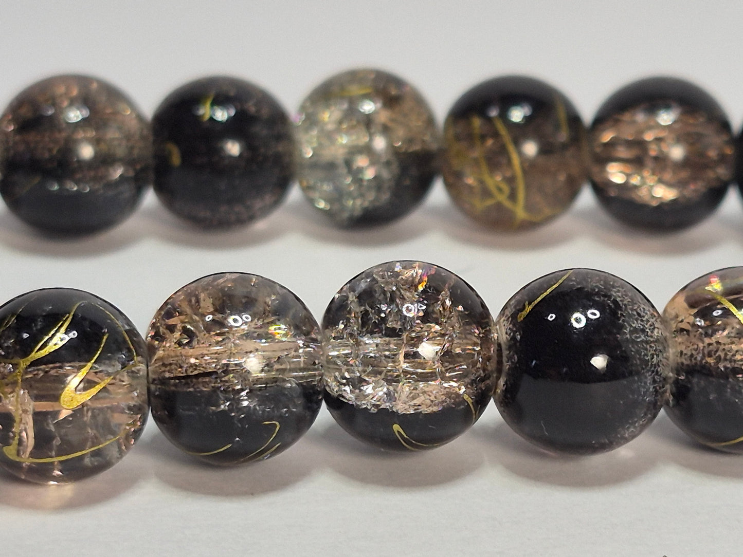 Black & Bronze Crackle Glass Stretch Bracelet – Gold Leaf Accent Beads, Handmade Artisan Bracelet