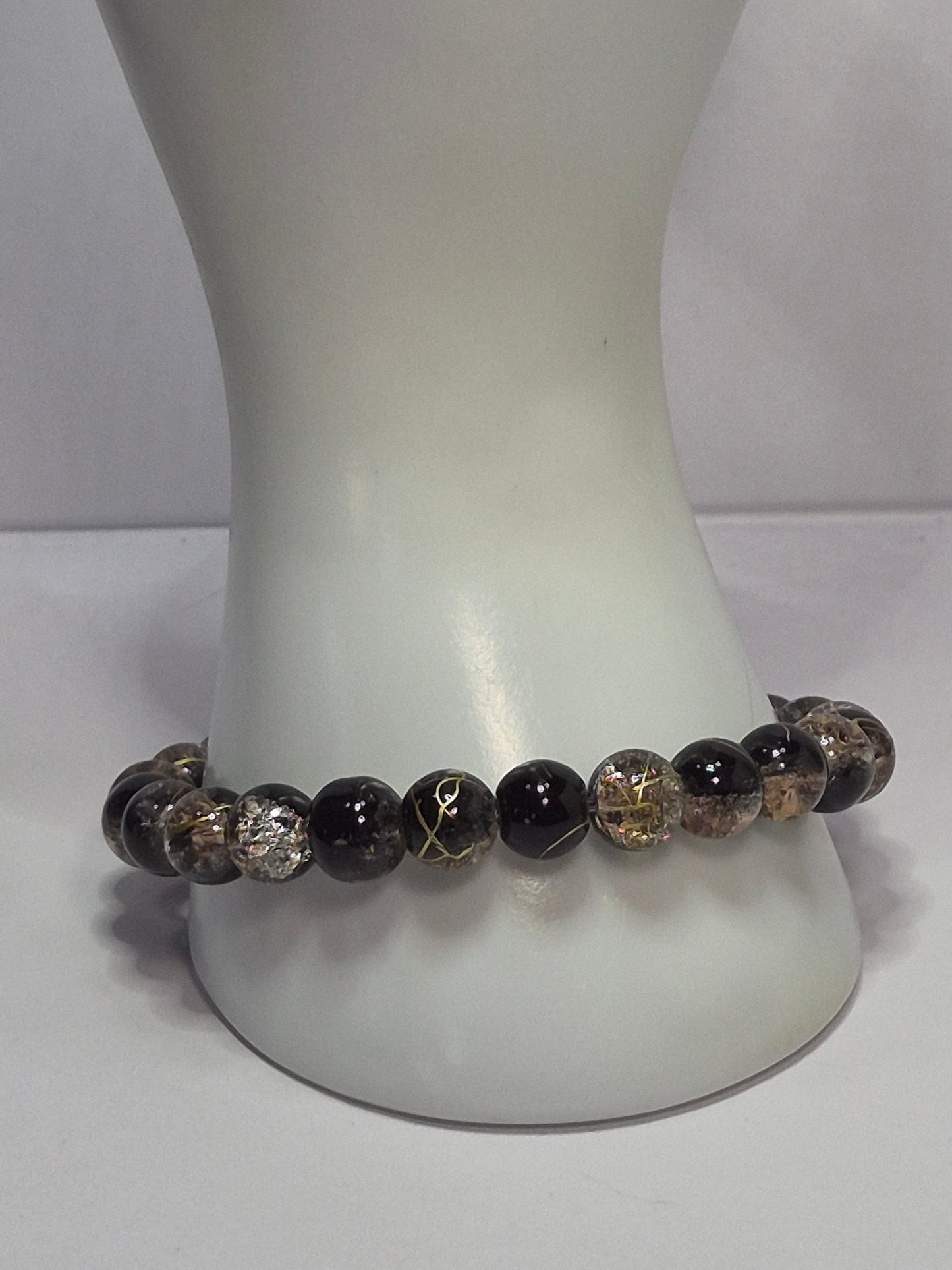 Black & Bronze Crackle Glass Stretch Bracelet – Gold Leaf Accent Beads, Handmade Artisan Bracelet