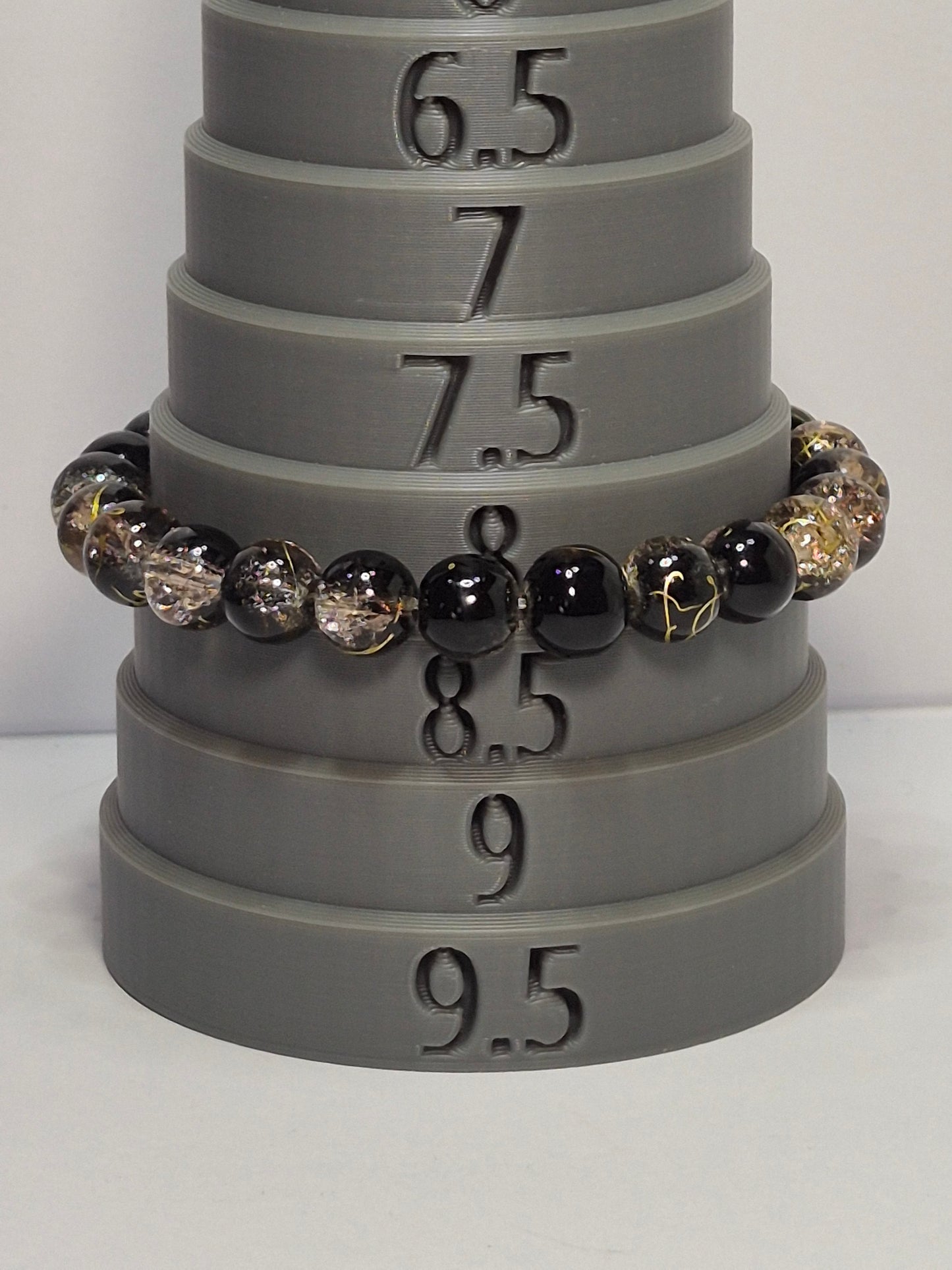 Black & Bronze Crackle Glass Stretch Bracelet – Gold Leaf Accent Beads, Handmade Artisan Bracelet