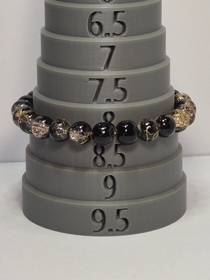 Black & Bronze Crackle Glass Stretch Bracelet – Gold Leaf Accent Beads, Handmade Artisan Bracelet