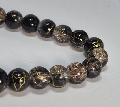 Black & Bronze Crackle Glass Stretch Bracelet – Gold Leaf Accent Beads, Handmade Artisan Bracelet