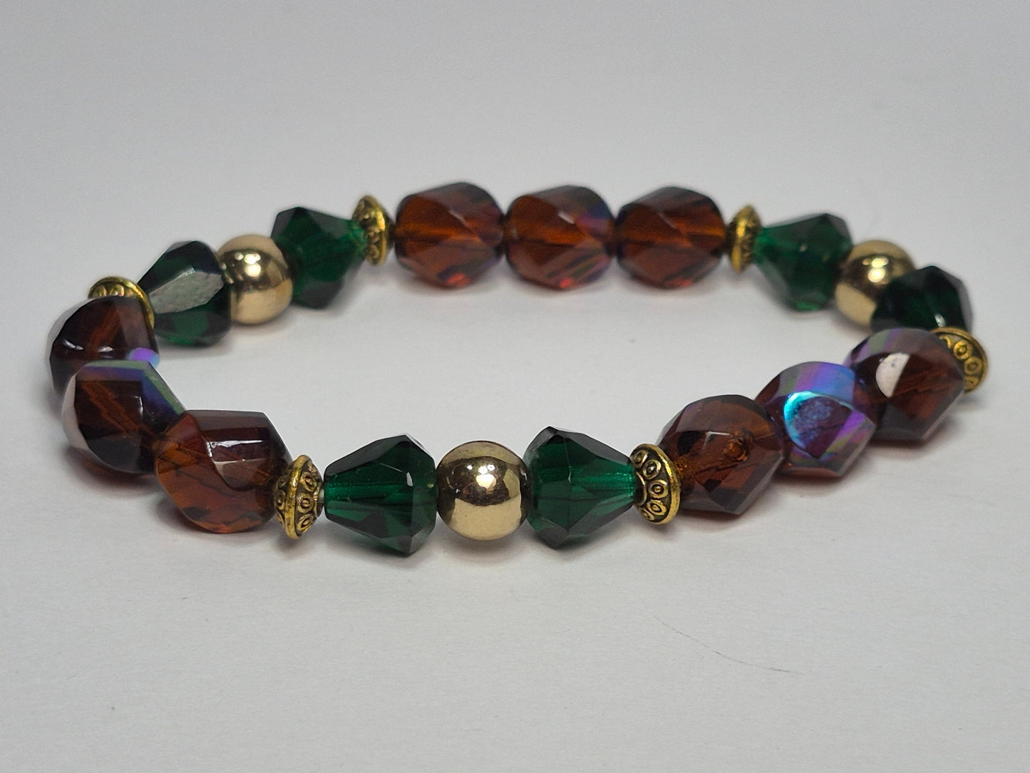 Czech Glass Fire-Polished Stretch Bracelet – Amber, Emerald & AB Iridescent Crystal Beads with Gold Accents