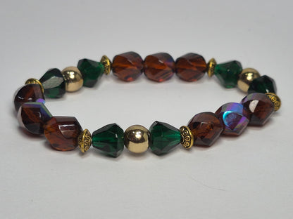 Czech Glass Fire-Polished Stretch Bracelet – Amber, Emerald & AB Iridescent Crystal Beads with Gold Accents