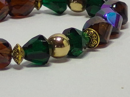 Czech Glass Fire-Polished Stretch Bracelet – Amber, Emerald & AB Iridescent Crystal Beads with Gold Accents