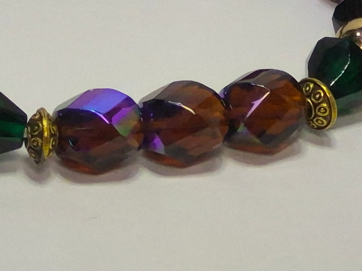 Czech Glass Fire-Polished Stretch Bracelet – Amber, Emerald & AB Iridescent Crystal Beads with Gold Accents