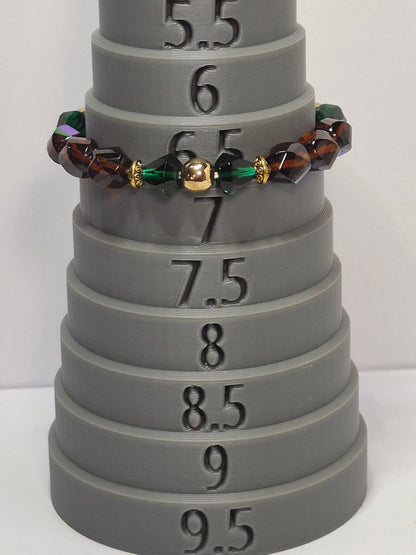 Czech Glass Fire-Polished Stretch Bracelet – Amber, Emerald & AB Iridescent Crystal Beads with Gold Accents