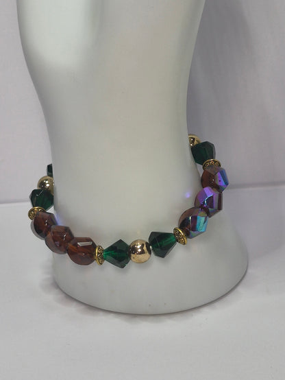Czech Glass Fire-Polished Stretch Bracelet – Amber, Emerald & AB Iridescent Crystal Beads with Gold Accents