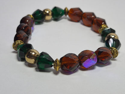 Czech Glass Fire-Polished Stretch Bracelet – Amber, Emerald & AB Iridescent Crystal Beads with Gold Accents
