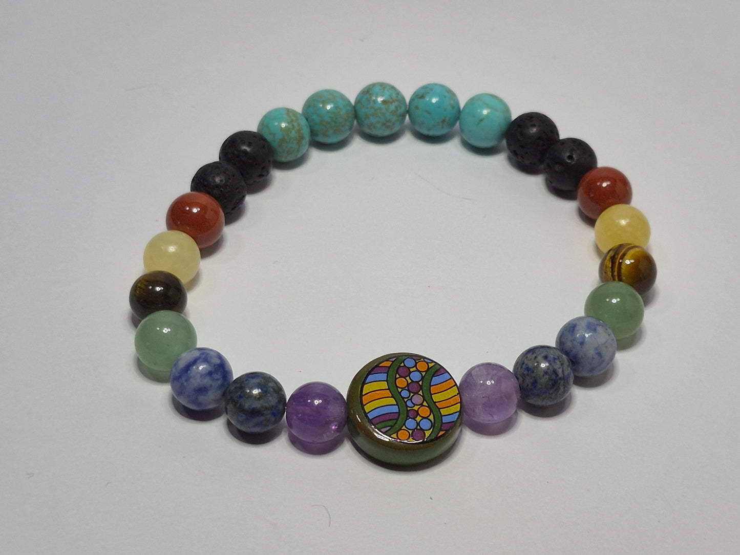 Mirrored 7 Chakra Stretch Bracelet – Turquoise, Lava Stone & Glass Chakra Focal Bead, Handmade Gemstone Bracelet