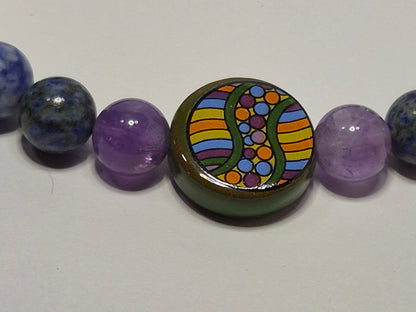 Mirrored 7 Chakra Stretch Bracelet – Turquoise, Lava Stone & Glass Chakra Focal Bead, Handmade Gemstone Bracelet