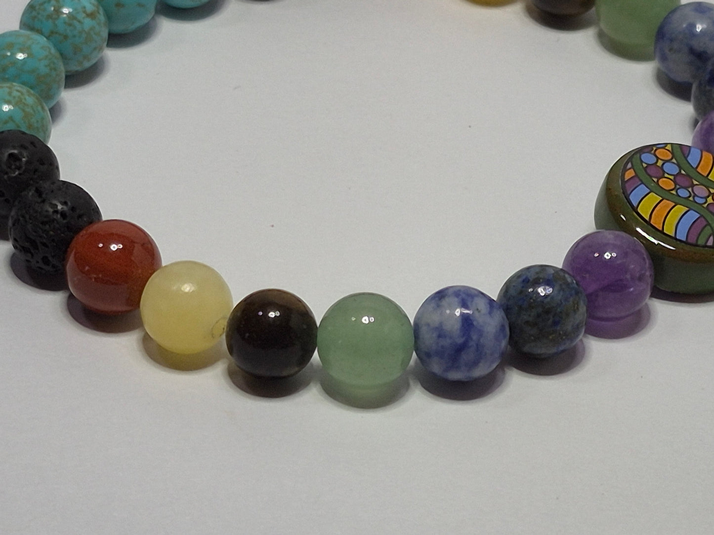 Mirrored 7 Chakra Stretch Bracelet – Turquoise, Lava Stone & Glass Chakra Focal Bead, Handmade Gemstone Bracelet