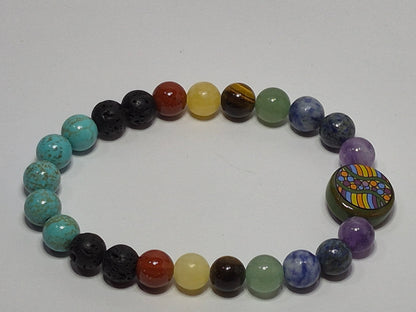 Mirrored 7 Chakra Stretch Bracelet – Turquoise, Lava Stone & Glass Chakra Focal Bead, Handmade Gemstone Bracelet
