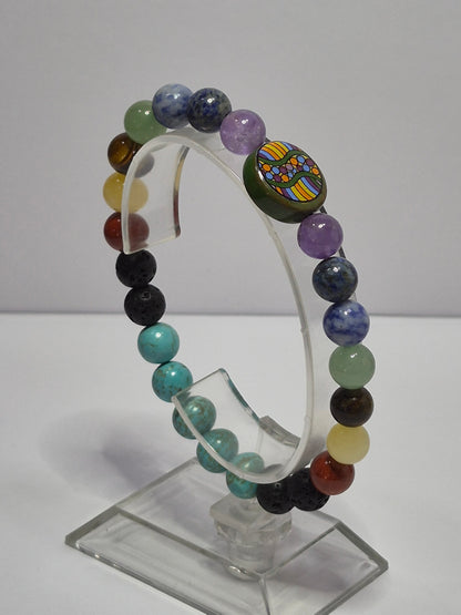 Mirrored 7 Chakra Stretch Bracelet – Turquoise, Lava Stone & Glass Chakra Focal Bead, Handmade Gemstone Bracelet