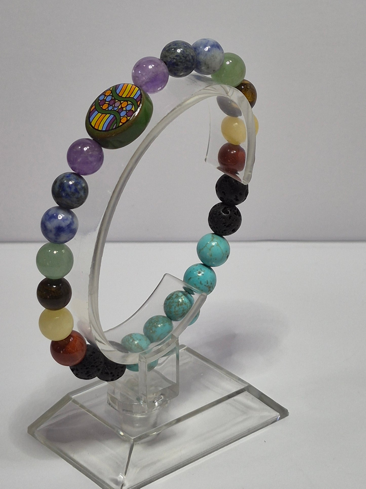 Mirrored 7 Chakra Stretch Bracelet – Turquoise, Lava Stone & Glass Chakra Focal Bead, Handmade Gemstone Bracelet